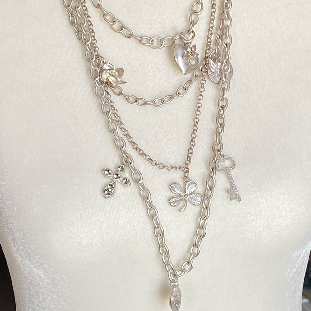 Silver Boho 4 Strand Large Charm Necklace